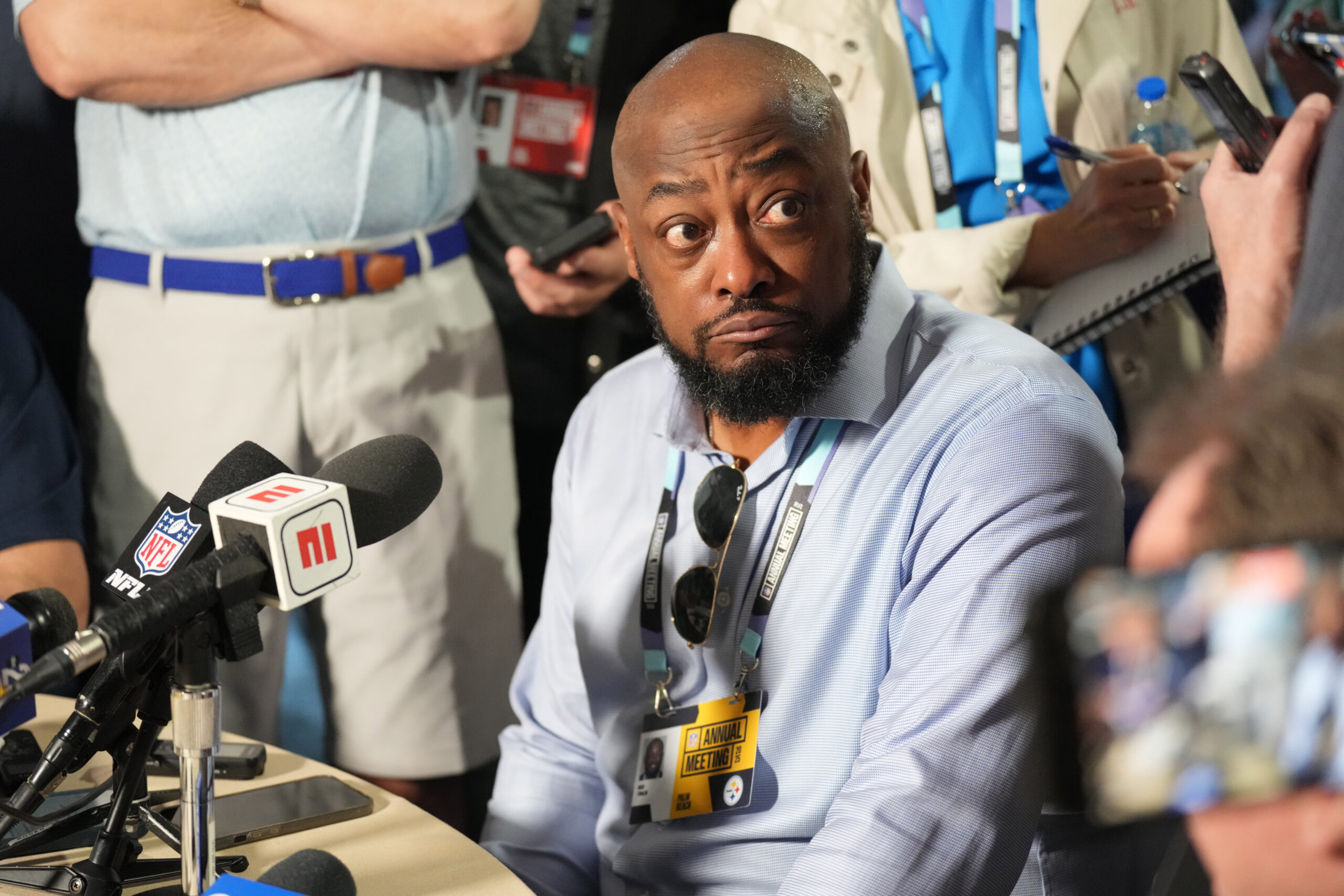 Mar 31, 2025; Palm Beach, FL, USA; Pittsburgh Steelers head coach Mike Tomlin answers questions from the medianduring the NFL Annual League Meeting at The Breakers. Mandatory Credit: Jim Rassol-Imagn Images