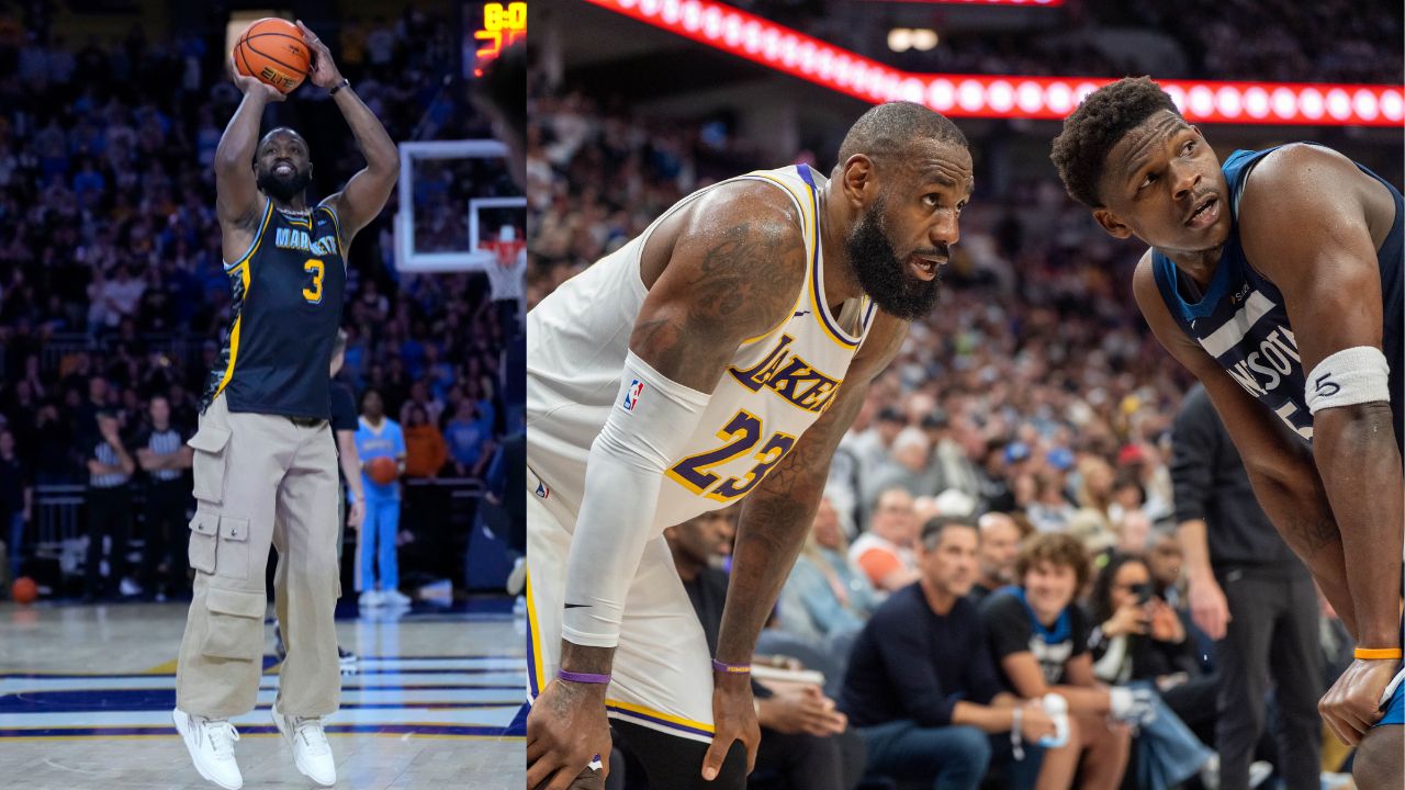 Dwyane Wade (L), LeBron James and Anthony Edwards (R)