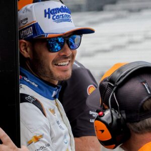 Arrow McLaren driver Kyle Larson (17) stands in his pit box Wednesday, May 14, 2025, during a practice for the 109th running of the Indianapolis 500 at Indianapolis Motor Speedway.