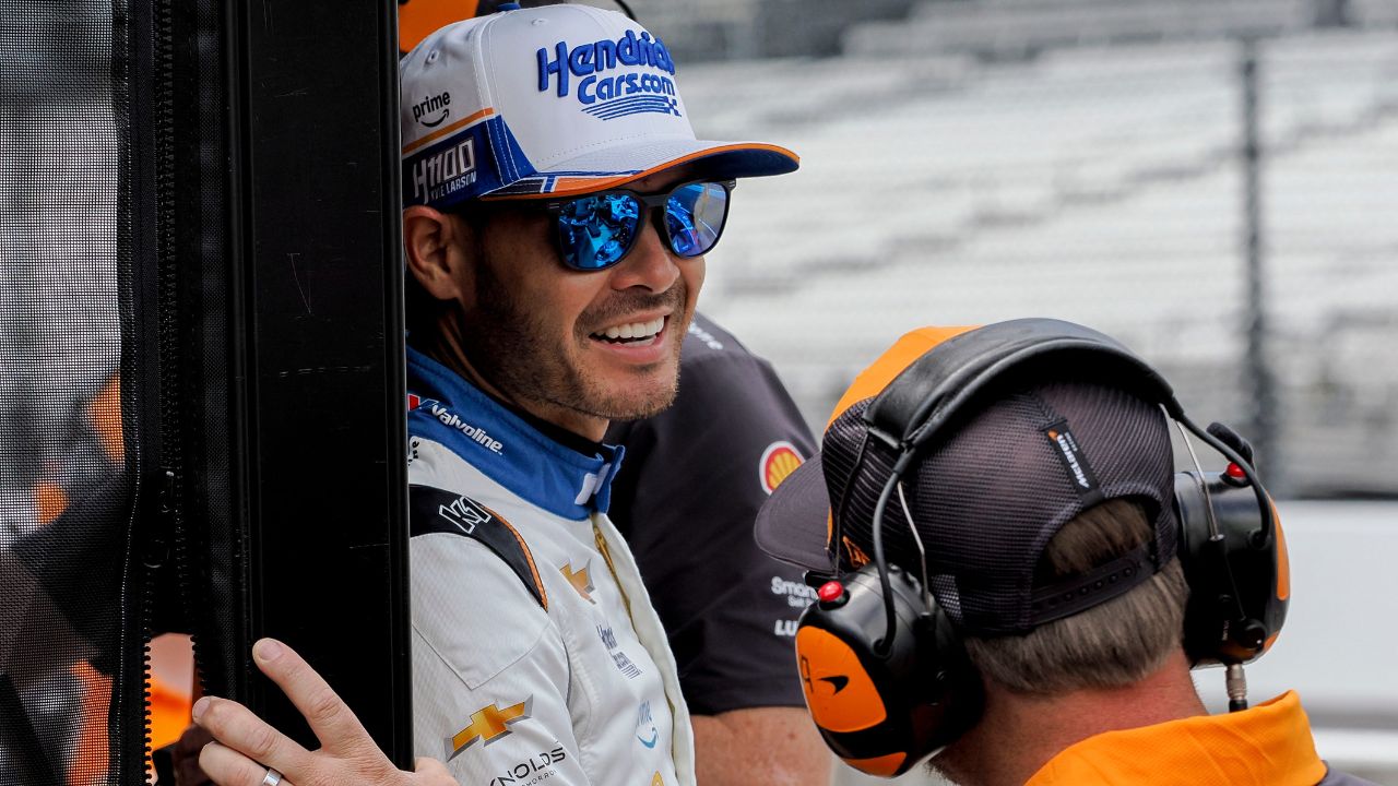 Arrow McLaren driver Kyle Larson (17) stands in his pit box Wednesday, May 14, 2025, during a practice for the 109th running of the Indianapolis 500 at Indianapolis Motor Speedway.