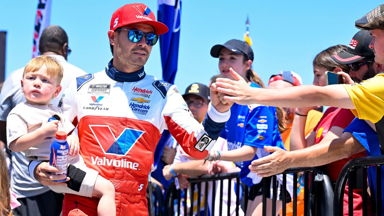 NASCAR Cup Series driver Kyle Larson (5) is introduced before the start of the Wurth 400 race at Texas Motor Speedway.