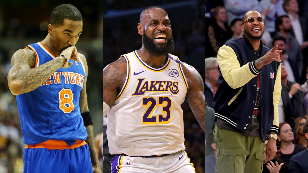 J.R. Smith(L), LeBron James(Center), and Carmelo Anthony(R)