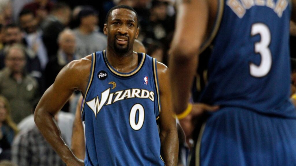 Washington Wizards guard Gilbert Arenas (0) shows his frustration against the Sacramento Kings in the second half at Arco Arena. The Kings defeated the Wizards 112-109.