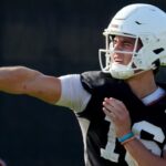 Texas Longhorns quarterback, Arch Manning during his first practice of the spring season on Tuesday, March 25, 2025.
