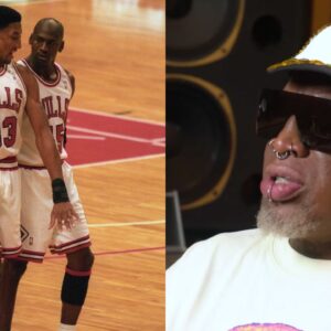 Scottie Pippen and Michael Jordan (L) and Dennis Rodman (R)