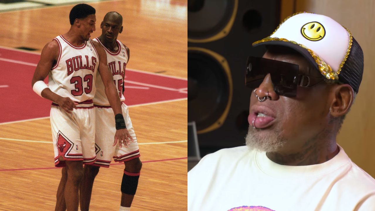 Scottie Pippen and Michael Jordan (L) and Dennis Rodman (R)