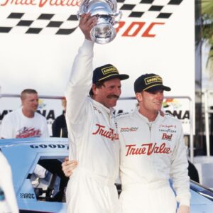 NASCAR driver Dale Earnhardt Sr and Dale Earnhardt Jr in victory lane after Earnhardt Sr. won the IROC race at Daytona International Speedway.