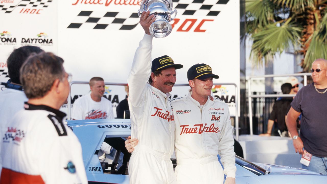 NASCAR driver Dale Earnhardt Sr and Dale Earnhardt Jr in victory lane after Earnhardt Sr. won the IROC race at Daytona International Speedway.