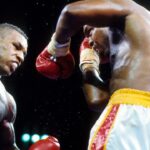 Mike Tyson (black trunks) battles Donovan Ruddock (white trunks) during their heavyweight fight at The Mirage. Tyson defeated Ruddock by unanimous decision in 12 rounds.