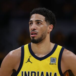 May 27, 2025; Indianapolis, Indiana, USA; Indiana Pacers guard Tyrese Haliburton (0) stands on court during the second quarter against the New York Knicks of game four of the eastern conference finals for the 2025 NBA Playoffs at Gainbridge Fieldhouse