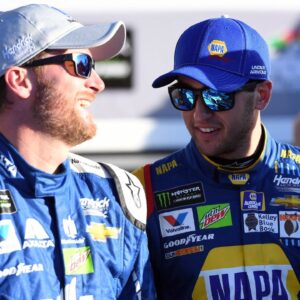 Former NASCAR Cup Series driver Dale Earnhardt Jr. (88) greets driver Chase Elliott (24) in victory lane after the two won the Front Row for the Daytona 500 at Daytona International Speedway. Chase Elliott won the Daytona 500 pole for second straight year.