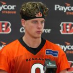 The Cincinnati Bengals Joe Burrow (9) speaks at a press conference after their practice on Tuesday May 20, 2025.