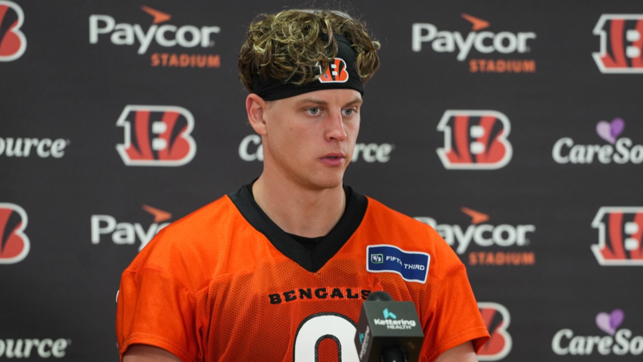The Cincinnati Bengals Joe Burrow (9) speaks at a press conference after their practice on Tuesday May 20, 2025.