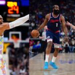 Russell Westbrook (L), James Harden being guarded by Christian Braun (R)