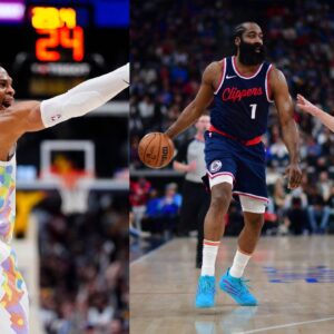 Russell Westbrook (L), James Harden being guarded by Christian Braun (R)