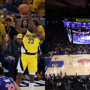 Aaron Nesmith shooting over Mikal Bridges at the Gainbridge Fieldhouse (L), The crowd at Madison Square Garden (R)