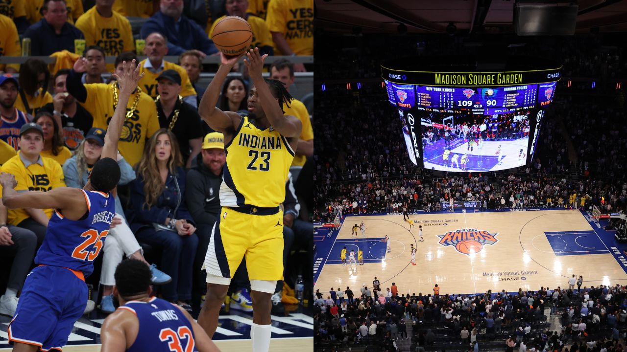 Aaron Nesmith shooting over Mikal Bridges at the Gainbridge Fieldhouse (L), The crowd at Madison Square Garden (R)