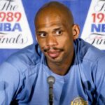 Los Angeles Lakers center Kareem Abdul-Jabbar speaks to the media following the loss the the Detroit Pistons in the 1989 NBA Finals at The Forum.