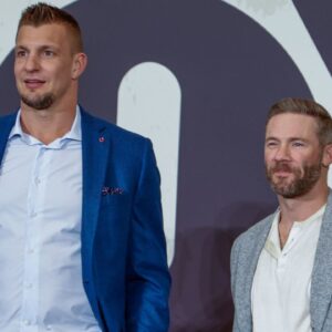 Fox NFL analyst Rob Gronkowski and kickoff analyst Julian Edelman during a Fox Sports media party in advance of Super Bowl LIX at Convention Center.