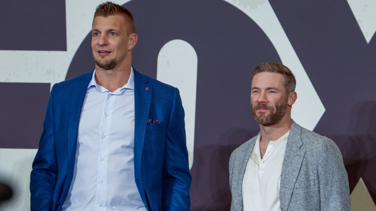 Fox NFL analyst Rob Gronkowski and kickoff analyst Julian Edelman during a Fox Sports media party in advance of Super Bowl LIX at Convention Center.