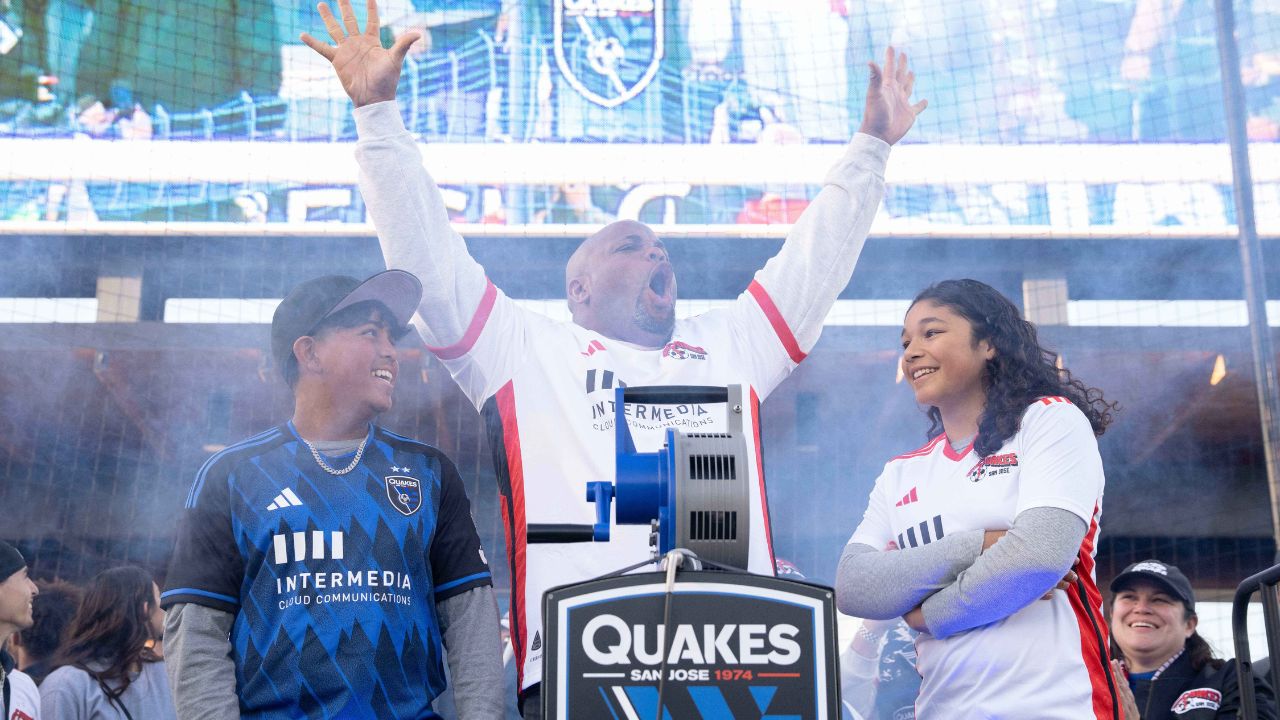 MMA fighter Daniel Cormier reacts after sounding the siren before the start of the first half between the San Jose Earthquakes and Austin FC at PayPal Park.