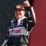 NHRA top fuel driver Tony Stewart celebrates after winning the Route 66 Nationals at Route 66 Raceway.