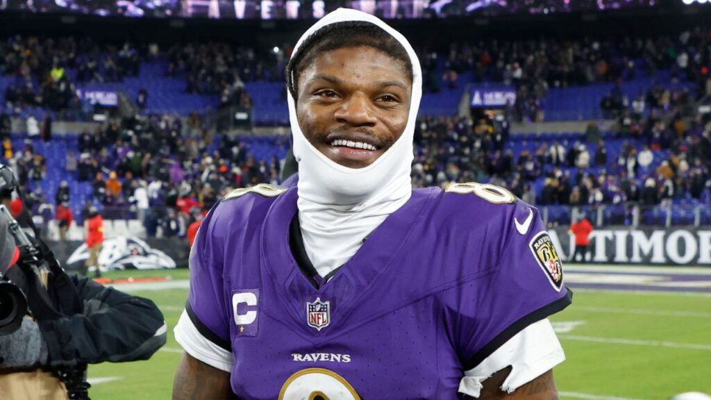 Baltimore Ravens quarterback Lamar Jackson (8) celebrates after defeating the Pittsburgh Steelers in an AFC wild card game at M&T Bank Stadium.