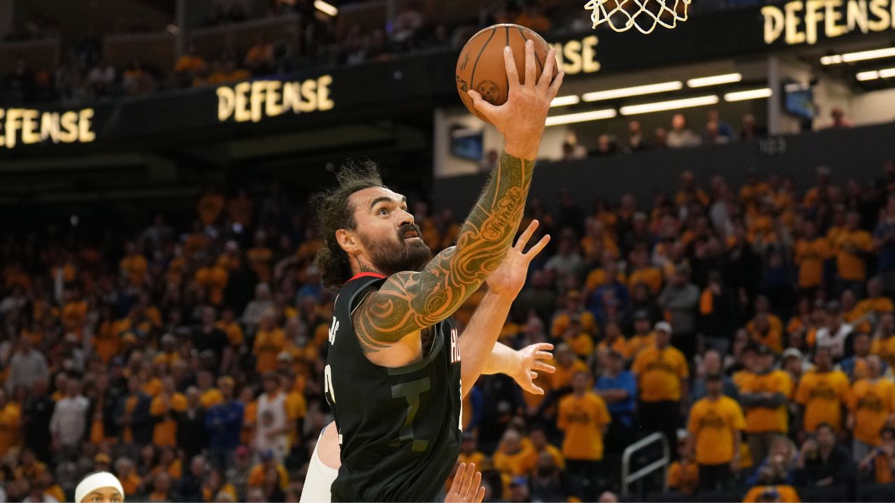 Apr 26, 2025; San Francisco, California, USA; Houston Rockets center Steven Adams (12) rebounds against the Golden State Warriors during the fourth quarter of game three of first round for the 2024 NBA Playoffs at Chase Center.