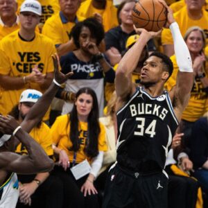 Milwaukee Bucks forward Giannis Antetokounmpo (34) shoots the ball while Indiana Pacers forward Pascal Siakam (43) defends during game five of the first round for the 2024 NBA Playoffs at Gainbridge Fieldhouse.