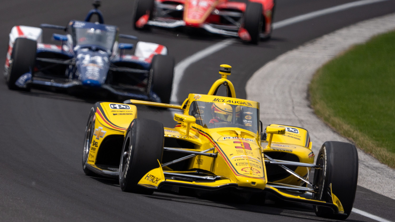 Team Penske driver Scott McLaughlin (3) makes his way out of turn one Monday, May 19, 2025, during practice for the 109th running of the Indianapolis 500 at Indianapolis Motor Speedway.