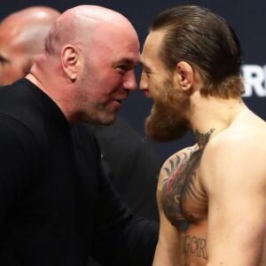 UFC president Dana White (left) with Conor McGregor during weigh ins for UFC 246 at T-Mobile Arena.