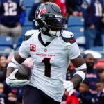 Oct 13, 2024; Foxborough, Massachusetts, USA; Houston Texans wide receiver Stefon Diggs (1) warms up prior to the game against the New England Patriots at Gillette Stadium.