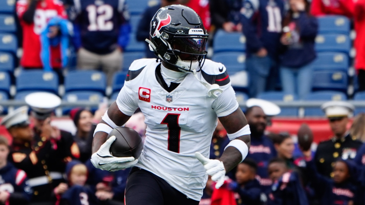 Oct 13, 2024; Foxborough, Massachusetts, USA; Houston Texans wide receiver Stefon Diggs (1) warms up prior to the game against the New England Patriots at Gillette Stadium.
