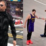 Stephen A. Smith (L), LeBron James and Luka Doncic (R)