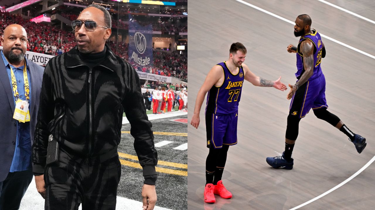 Stephen A. Smith (L), LeBron James and Luka Doncic (R)
