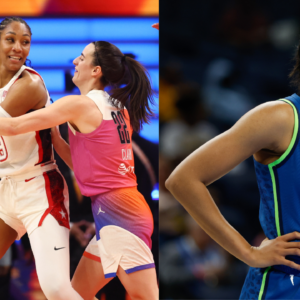 Left: A’ja Wilson and Caitlin Clark; Right: Napheesa Collier