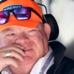 Chip Ganassi sits in Chip Ganassi Racing driver Scott Dixon’s (9) pit box Sunday, May 18, 2025, during Top 12 practice ahead of qualifying for the 109th running of the Indianapolis 500 at Indianapolis Motor Speedway.