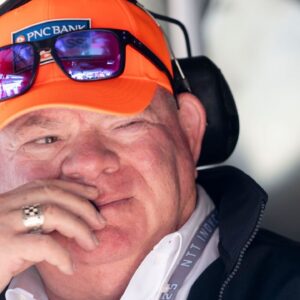 Chip Ganassi sits in Chip Ganassi Racing driver Scott Dixon’s (9) pit box Sunday, May 18, 2025, during Top 12 practice ahead of qualifying for the 109th running of the Indianapolis 500 at Indianapolis Motor Speedway.