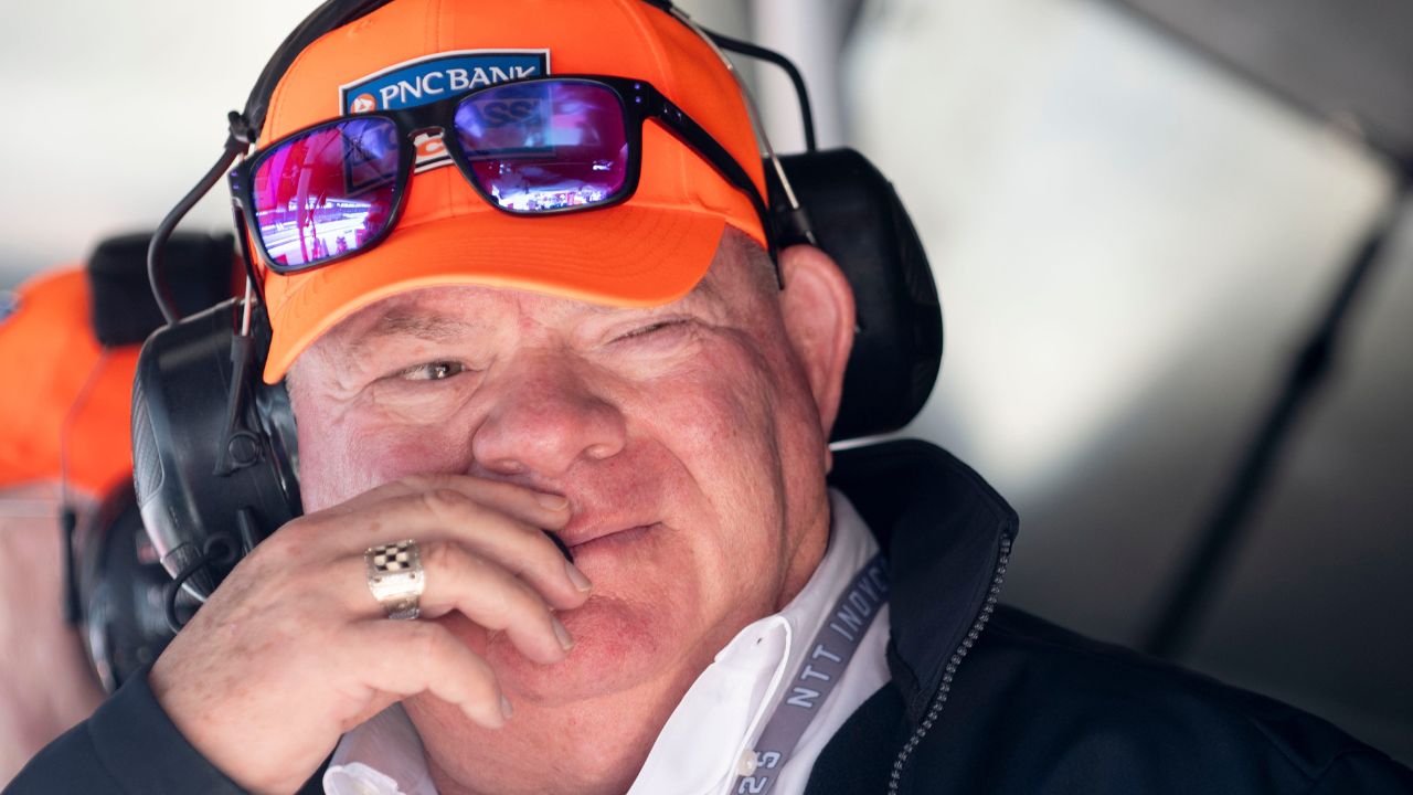 Chip Ganassi sits in Chip Ganassi Racing driver Scott Dixon’s (9) pit box Sunday, May 18, 2025, during Top 12 practice ahead of qualifying for the 109th running of the Indianapolis 500 at Indianapolis Motor Speedway.