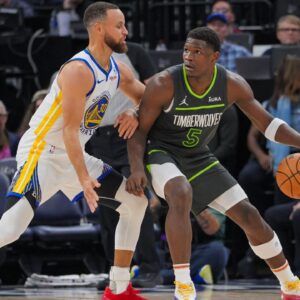 Steph Curry and Anthony Edwards, Warriors v Wolves
