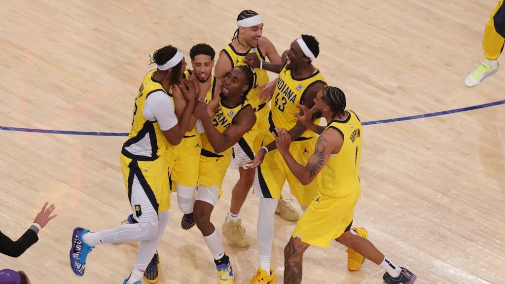 May 21, 2025; New York, New York, USA; Indiana Pacers guard Tyrese Haliburton (0) celebrates with teammates after tying the game in the fourth quarter to send the game to overtime against the New York Knicks during game one of the eastern conference finals for the 2025 NBA Playoffs at Madison Square Garden