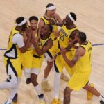 May 21, 2025; New York, New York, USA; Indiana Pacers guard Tyrese Haliburton (0) celebrates with teammates after tying the game in the fourth quarter to send the game to overtime against the New York Knicks during game one of the eastern conference finals for the 2025 NBA Playoffs at Madison Square Garden