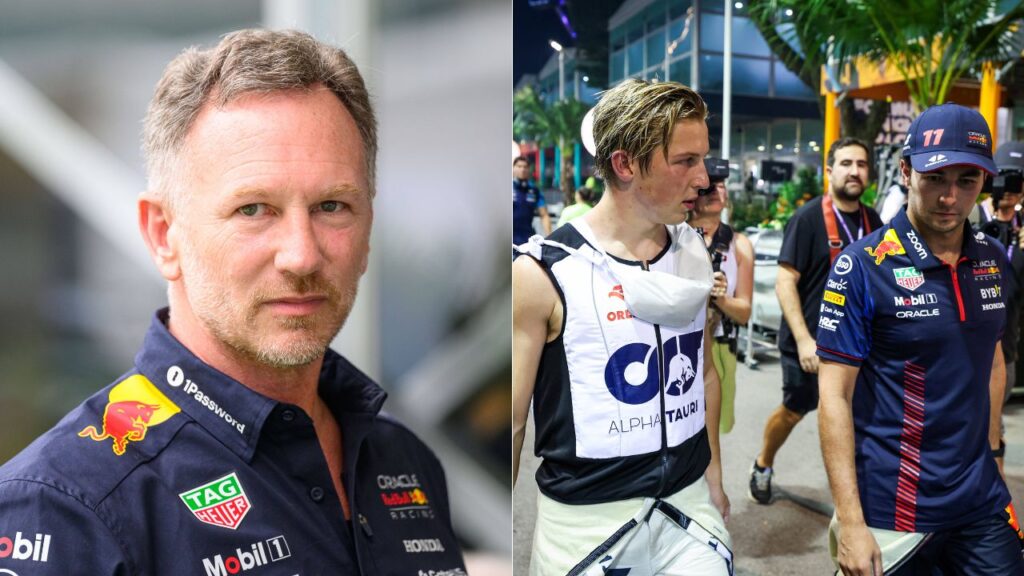 Christian Horner(L), Sergio Perez and Liam Lawson(R)