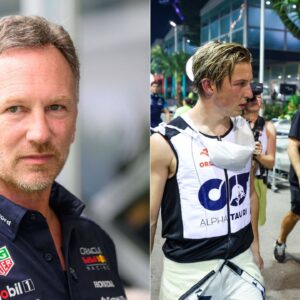 Christian Horner(L), Sergio Perez and Liam Lawson(R)