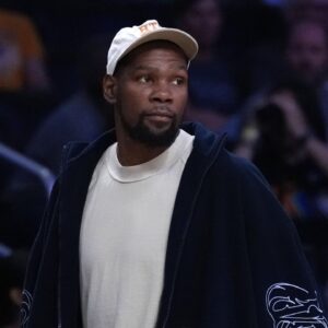 May 27, 2025; Los Angeles, California, USA; Kevin Durant attends a WNBA game between the Atlanta Dream and LA Sparks at Crypto.com Arena. Mandatory Credit: Kirby Lee-Imagn Images