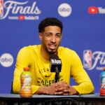 Jun 4, 2025; Oklahoma City, OK, USA; Indiana Pacers guard Tyrese Haliburton (0) during NBA Finals Media Day at Paycom Center.