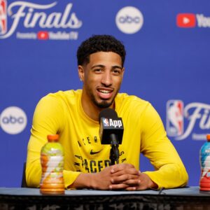 Jun 4, 2025; Oklahoma City, OK, USA; Indiana Pacers guard Tyrese Haliburton (0) during NBA Finals Media Day at Paycom Center.
