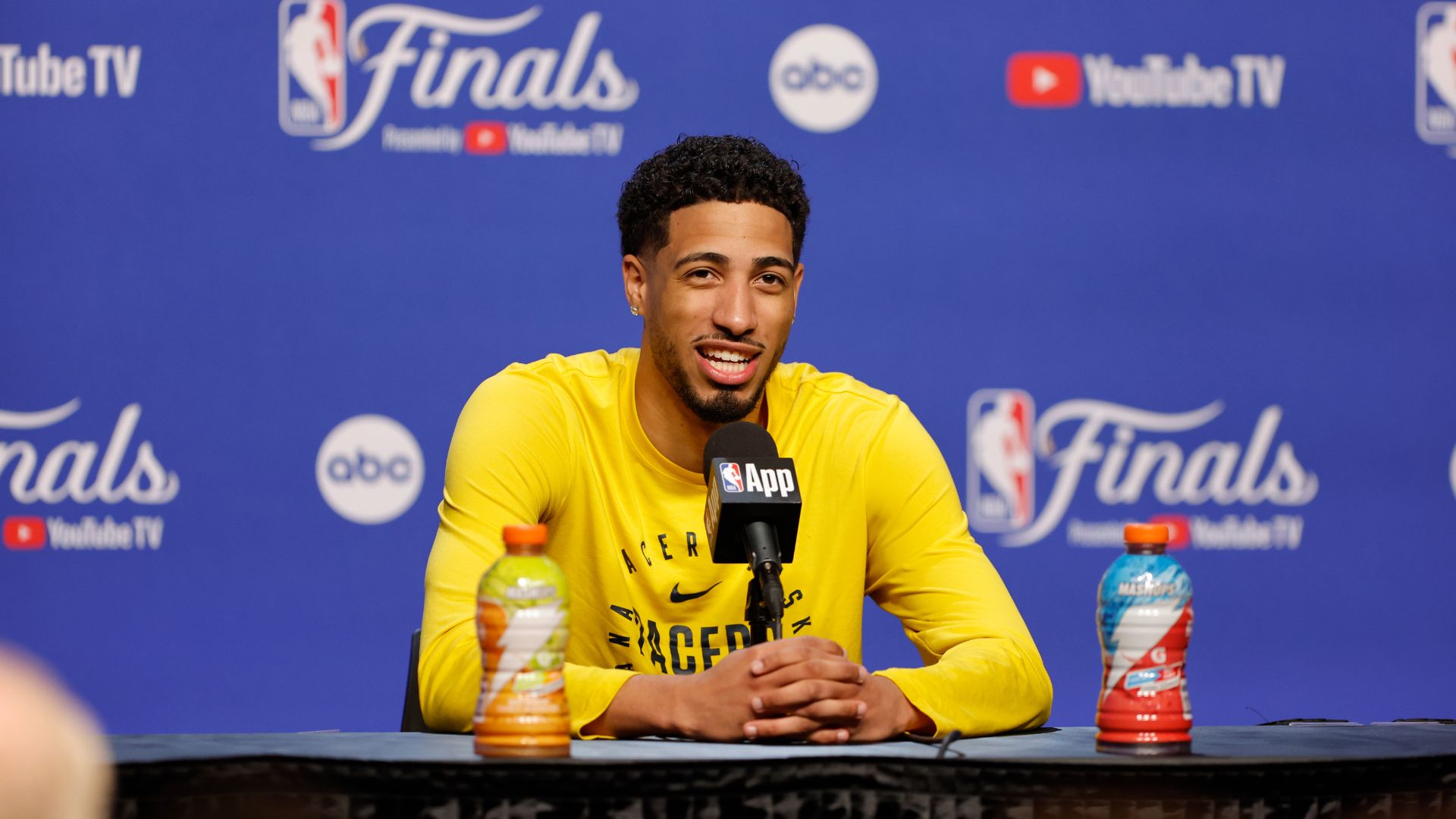 Jun 4, 2025; Oklahoma City, OK, USA; Indiana Pacers guard Tyrese Haliburton (0) during NBA Finals Media Day at Paycom Center.