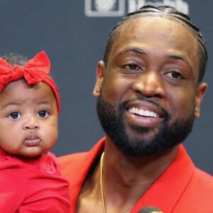 April 9, 2019 - Miami, FL, USA - The Miami Heat s Dwyane Wade, with his daughter Kaavia, during a news conference after a 122-99 win against the Philadelphia 76ers at the AmericanAirlines Arena in Miami on Tuesday, April 9, 2019