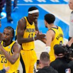 Indiana Pacers forward Pascal Siakam (43) celebrates with guard Tyrese Haliburton (0) after their win against the Oklahoma City Thunder in game one of the 2025 NBA Finals at Paycom Center.